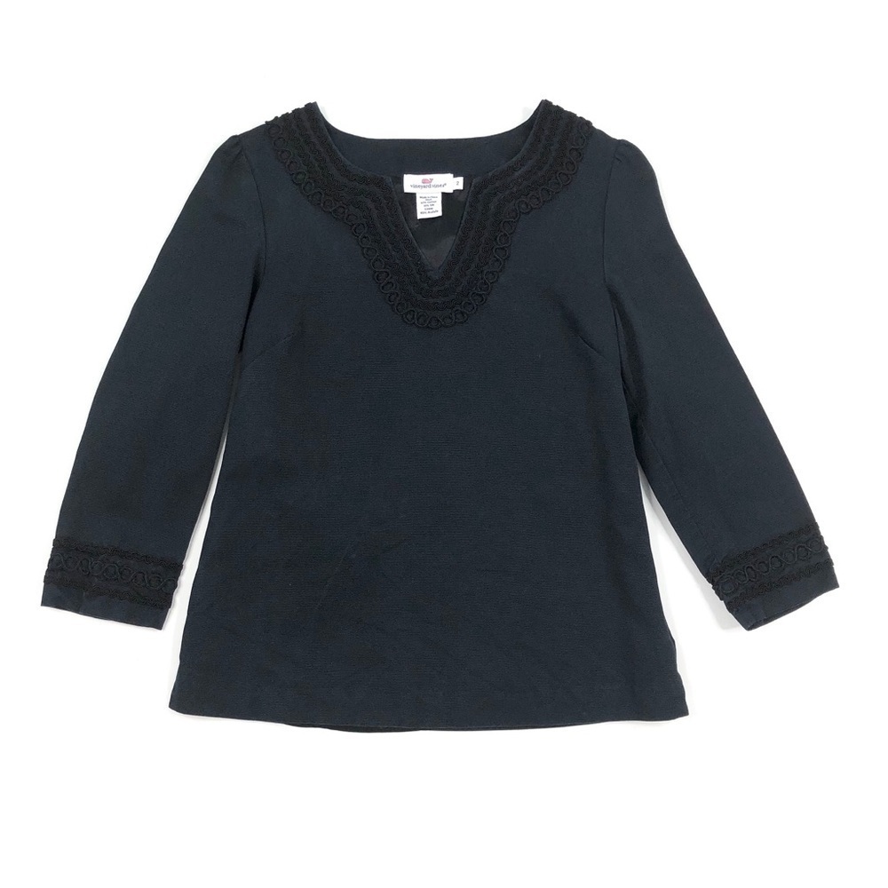 Vineyard Vines silk cotton navy black tunic top 2 ribbed v-neck ric-rack trim